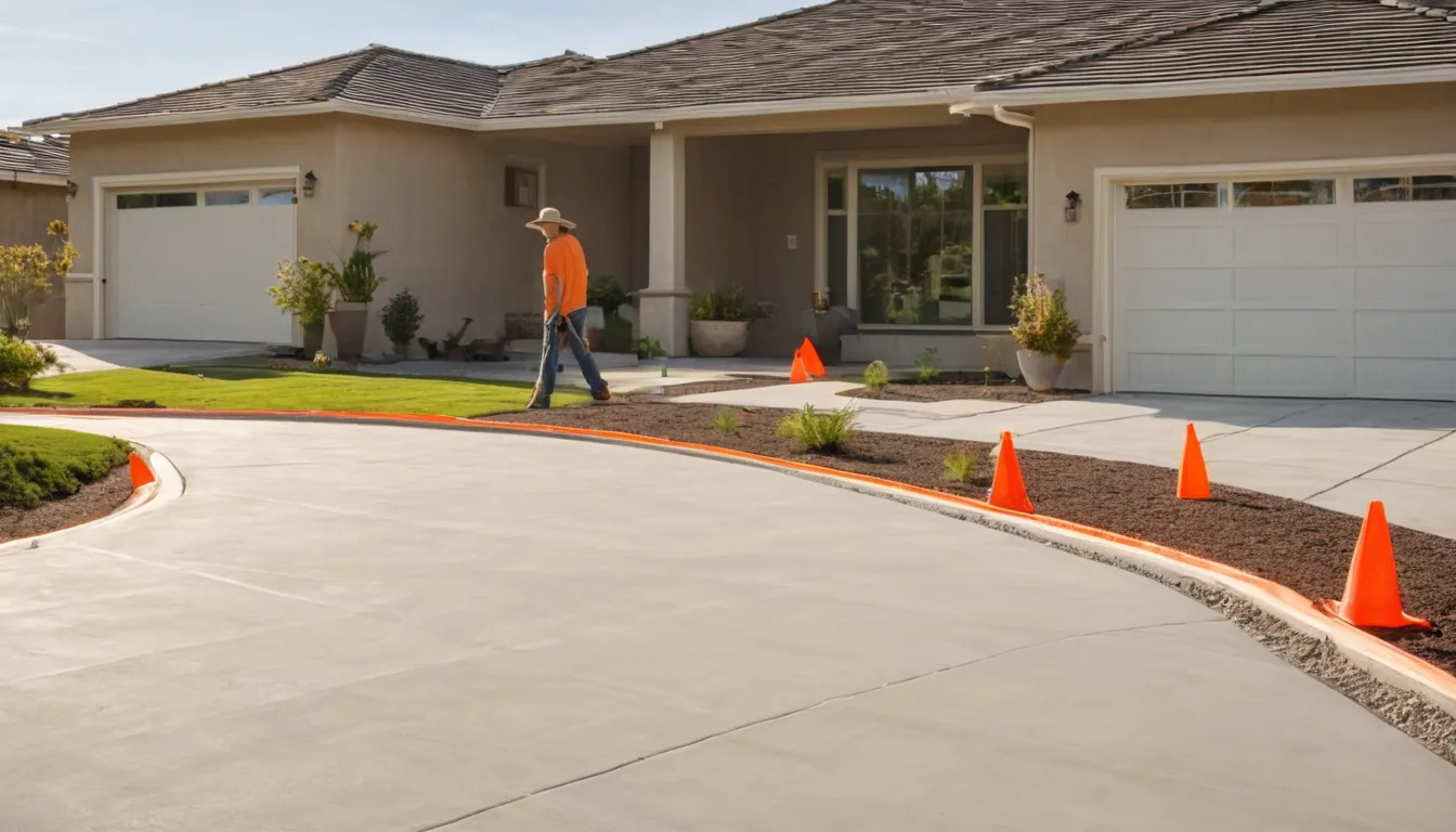 Freshly poured concrete driveway beside a stucco ranch home in Richmond