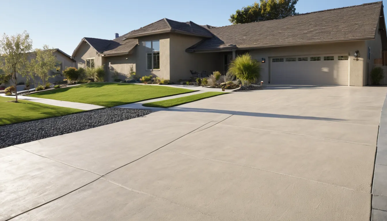 A newly poured concrete driveway beside a stucco ranch home in Richmond