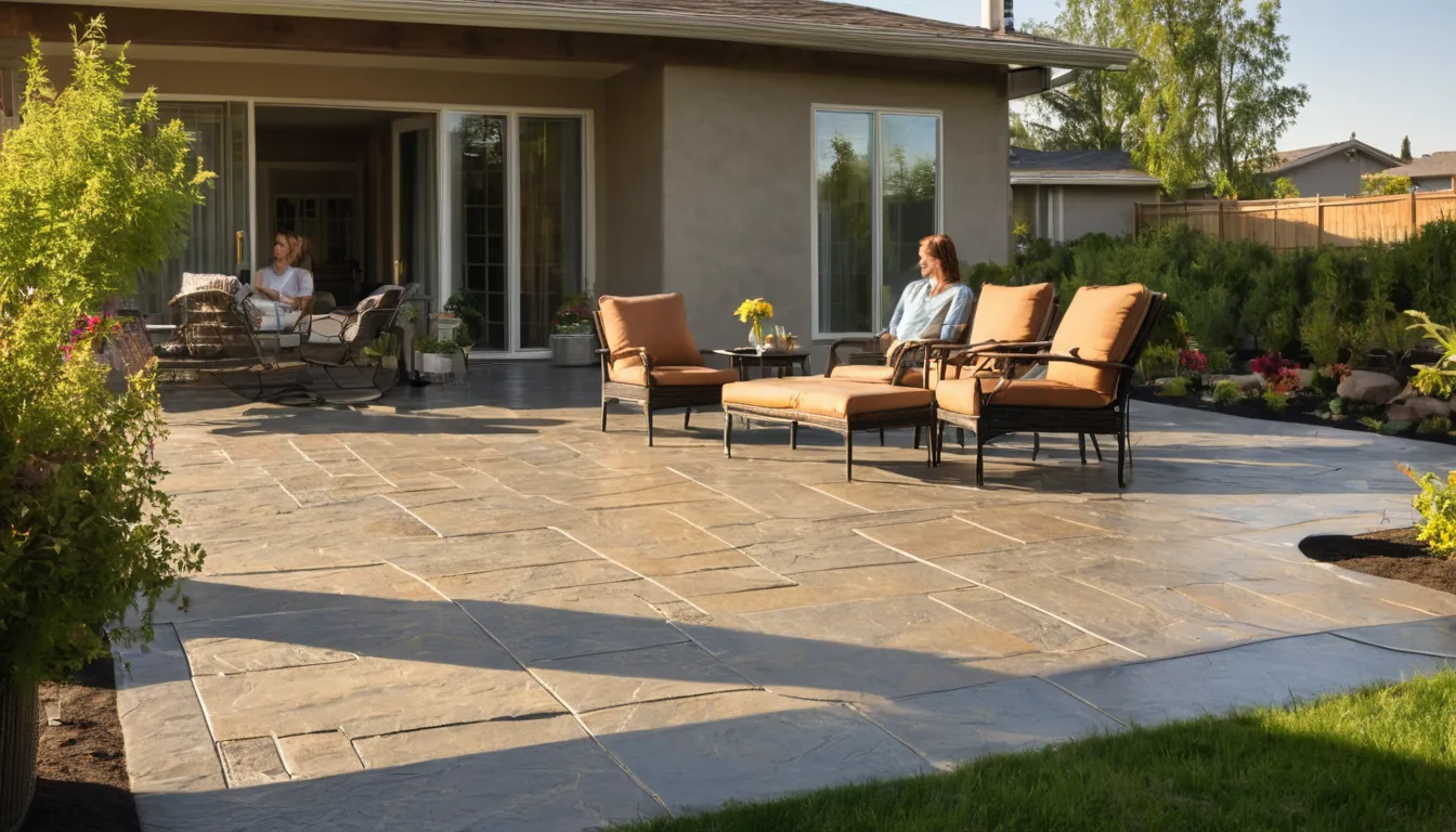 Family relaxing on a new stamped concrete patio behind a stucco home in Richmond